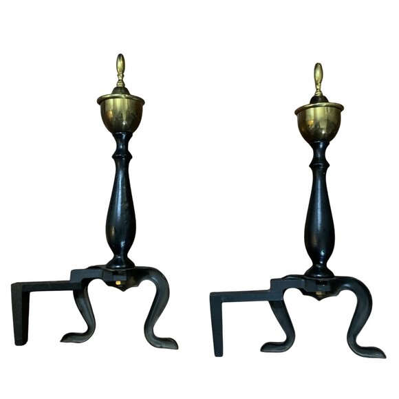 Vintage Federal Style Brass & Black Wrought Iron Andirons Log Holders Pair MCM - Picture 11 of 11